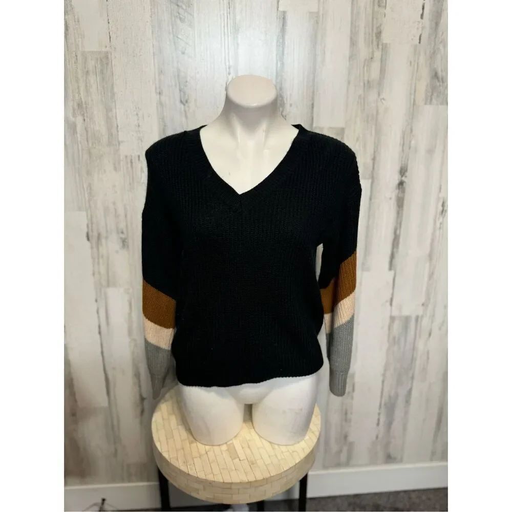 Black V-Neck Knit Sweater Colorblock Sleeves Size S Casual Fall Top